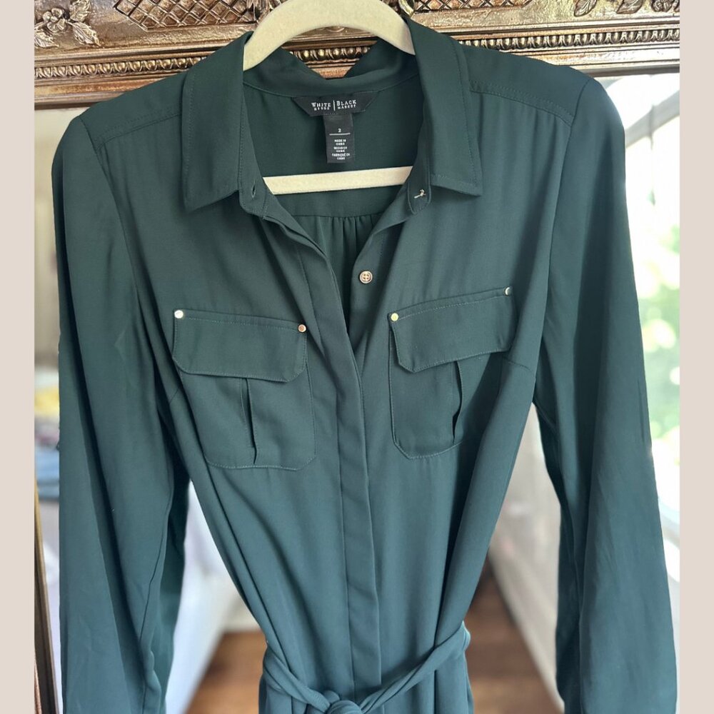 White House Black Market Forest Green Button Down Shirt Dress Size 2 - Picture 3 of 4